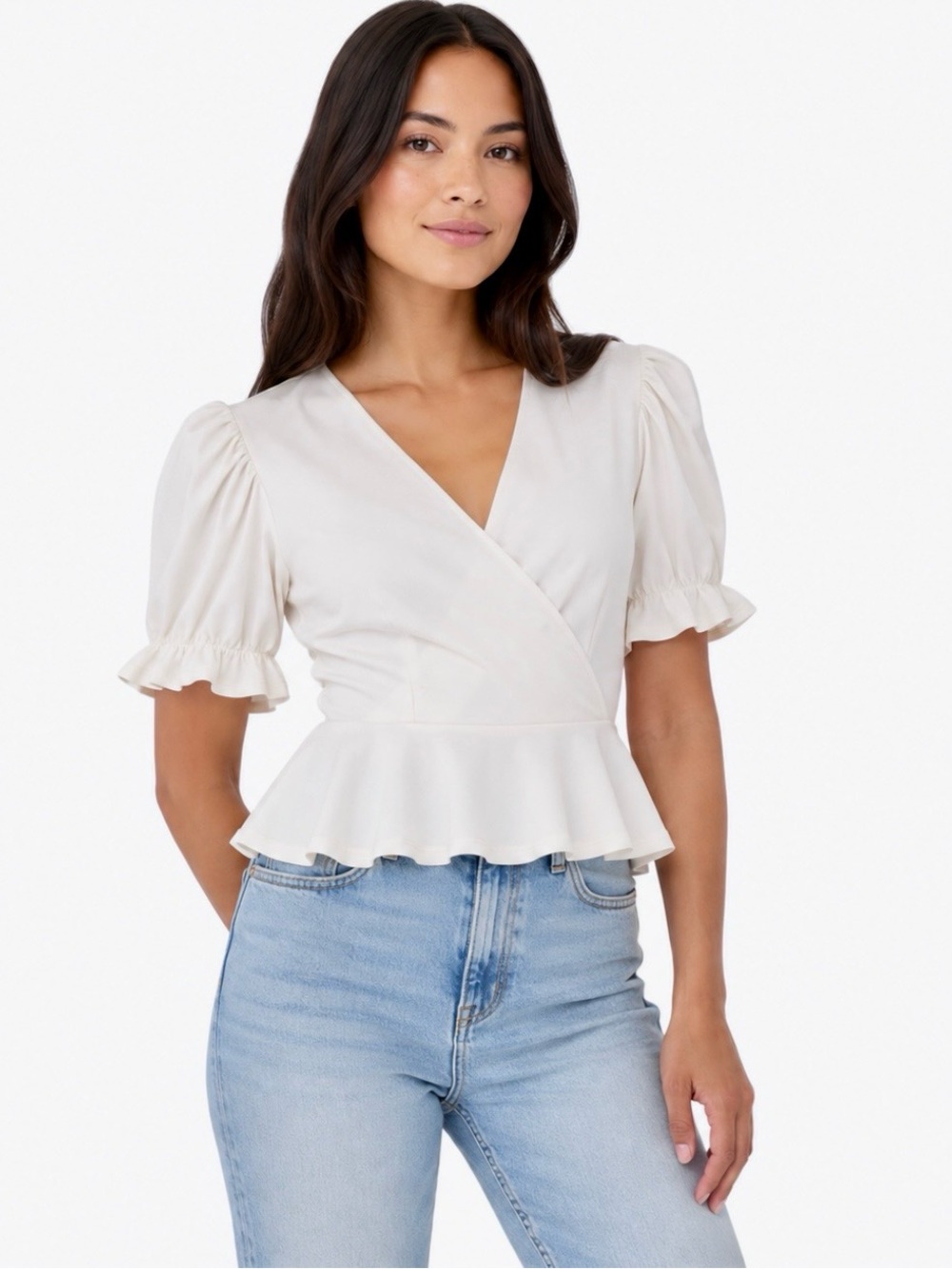 NWT Deadstock Forever 21 Ivory White Wrap Peplum Top Short Puff Sleeve Size M